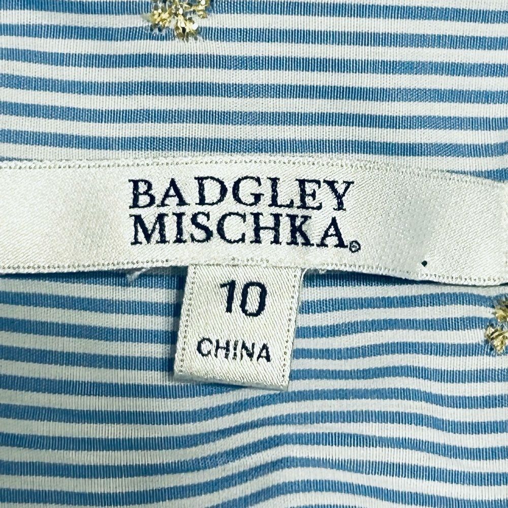 BADGLEY MISCHKA NEW SKY BLUE STRIPE FLORAL GOLD EMBROID MIDI DRESS 10 - Picture 9 of 13